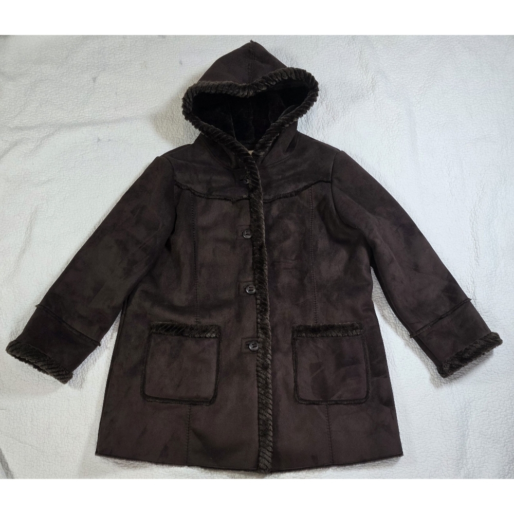 St John's Bay Womens Dark Chocolate Brown Faux Shearling Hooded Coat Rope Trim